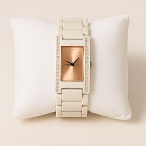 SEMPRE Women’s Rose Gold Watch Cream Ceramic Style Bracelet Crystal NEW BATTERY